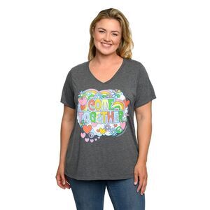 Plus Size Women's Beatles T-Shirt Come Together V-Neck Band Tee Charcoal Gray